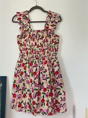 English Factory Pink Floral Smocked Mini Dress with Red & Purple Blooms
